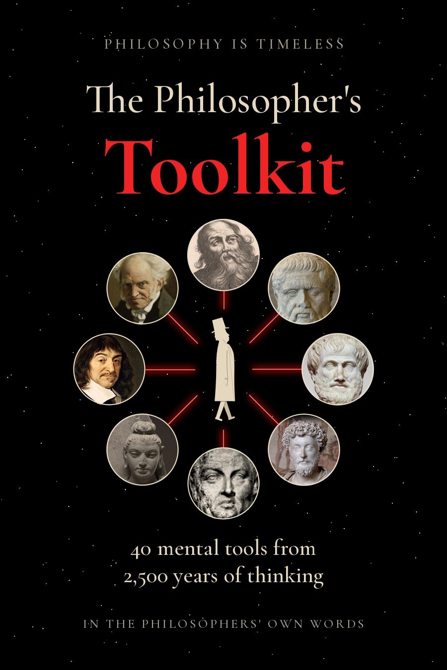 Cover of The Philosopher's Toolkit: eight philosophers' portraits in a ring, red threads leading to a cut-paper figure in the middle